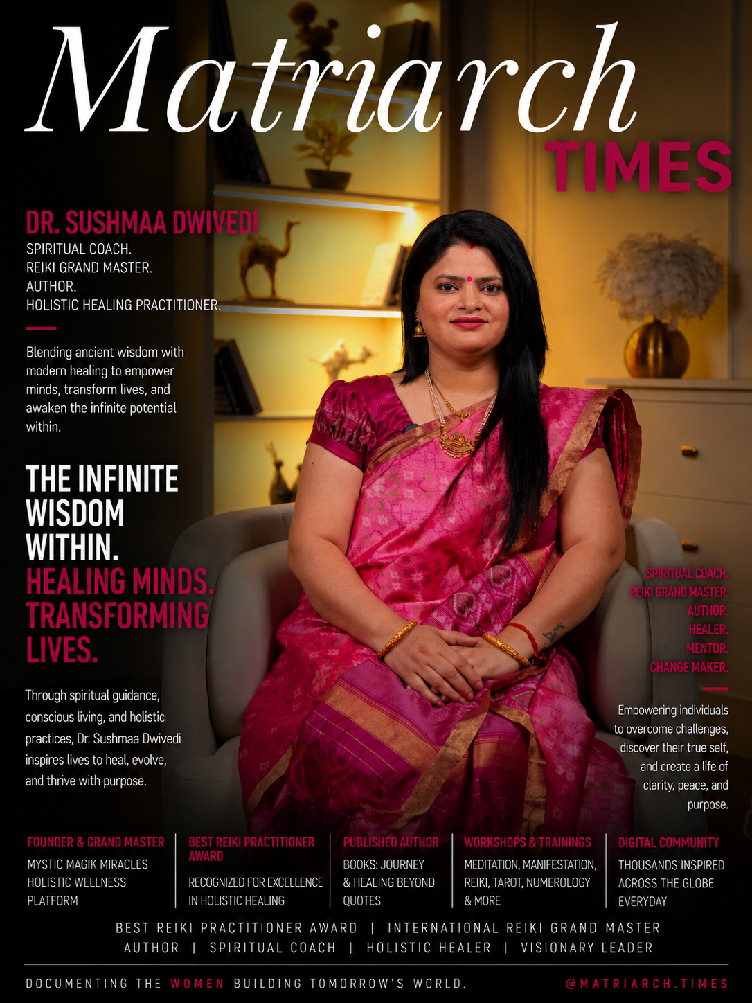 Dr. Sushmaa Dwivedi, Reiki Grand Master, spiritual coach, author, and founder of Mystic Magik Miracles featured by Matriarch Times.