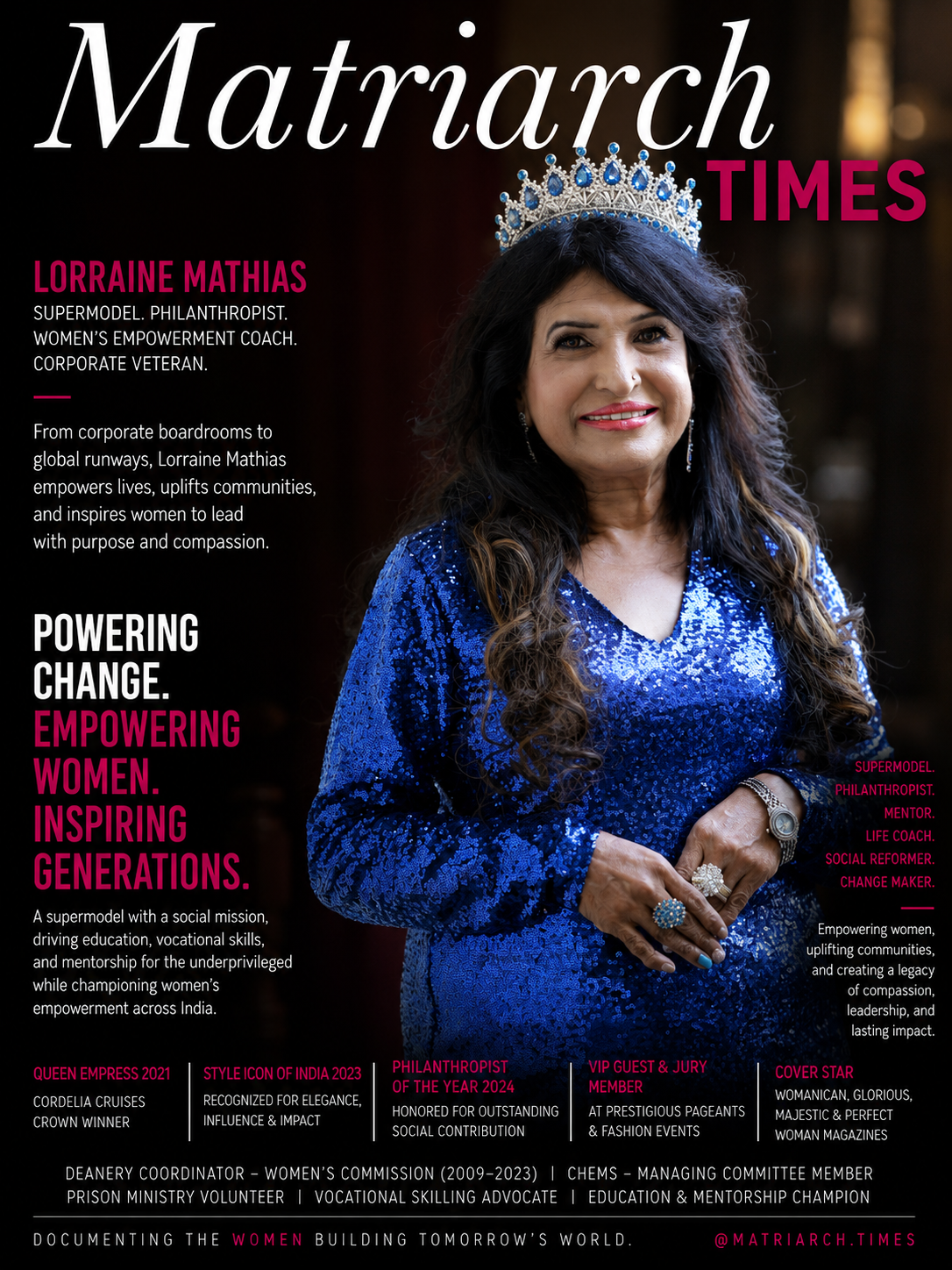 Lorraine Mathias, Indian supermodel, philanthropist, women's empowerment coach, and mentor featured by Matriarch Times.