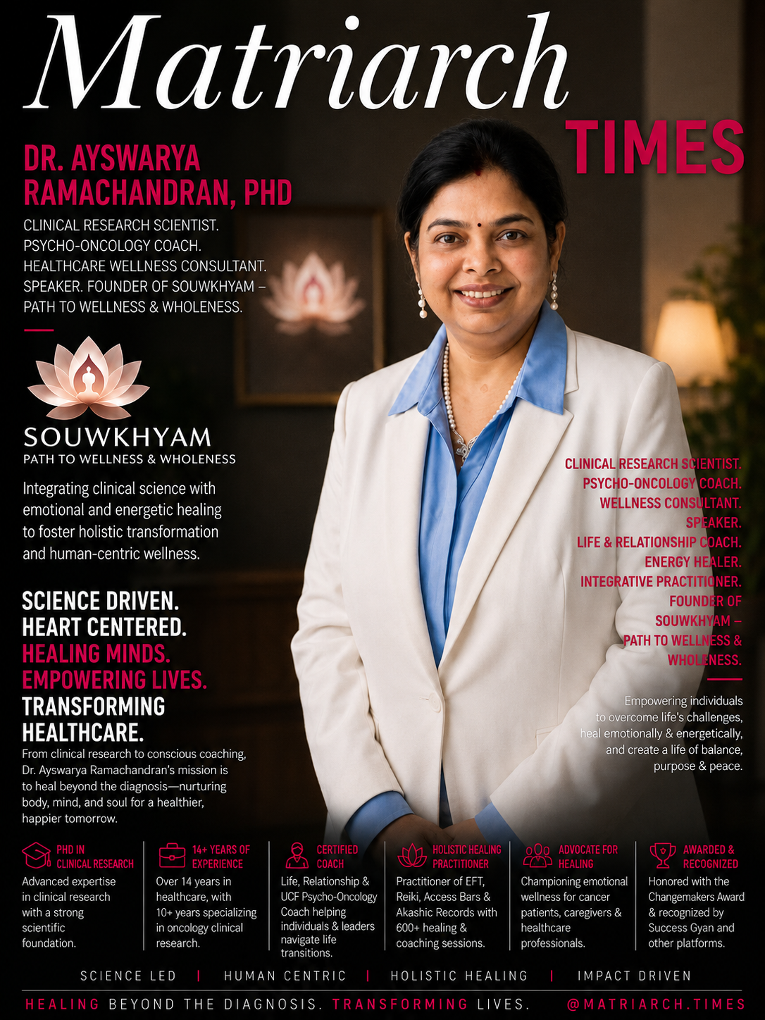 Dr. Ayswarya Ramachandran, clinical research scientist and founder of SOUWKHYAM.